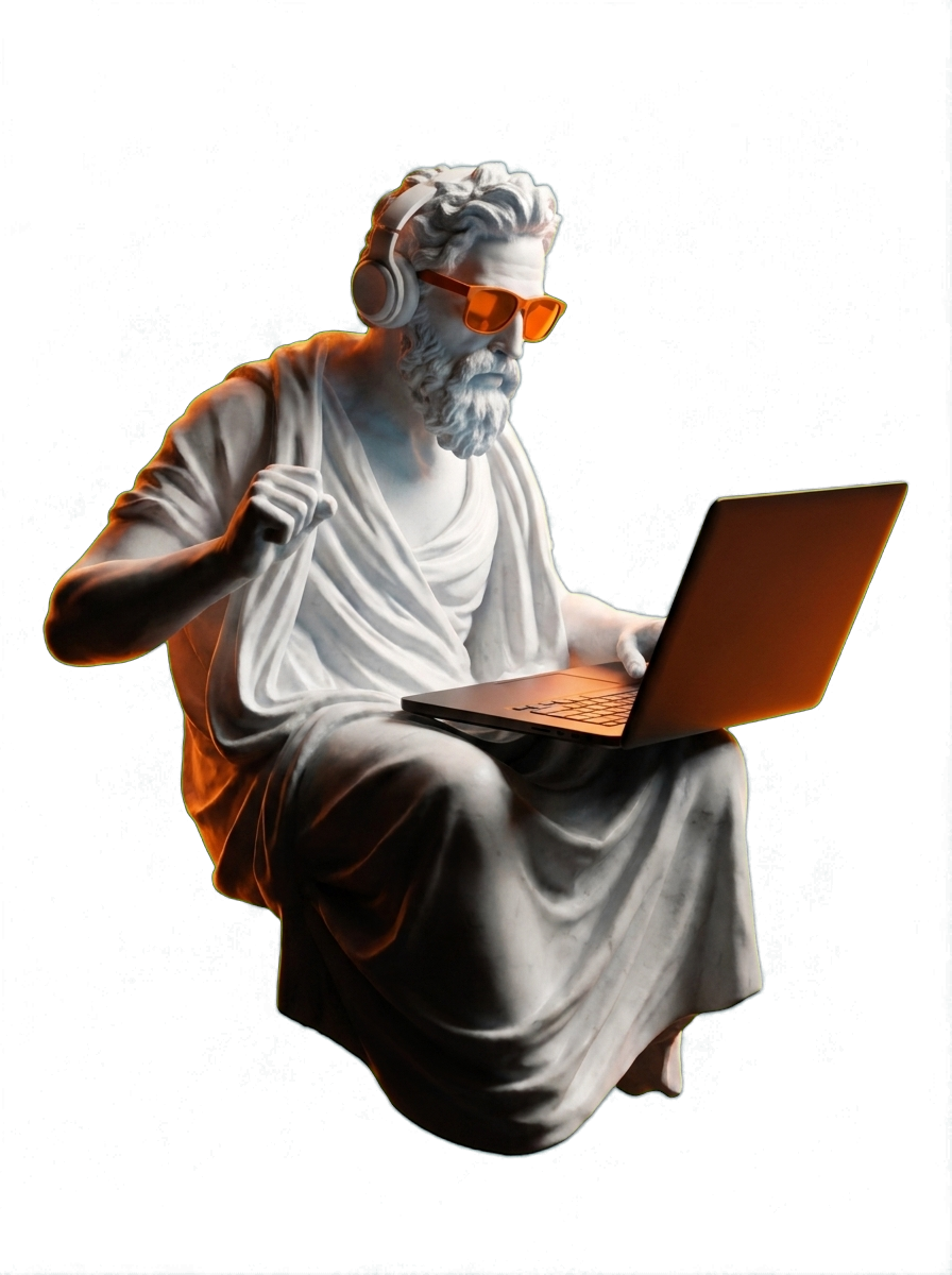 Estatua de mármol con gafas naranjas trabajando en una laptop — símbolo de Promeseo: criterio humano con tecnología moderna
