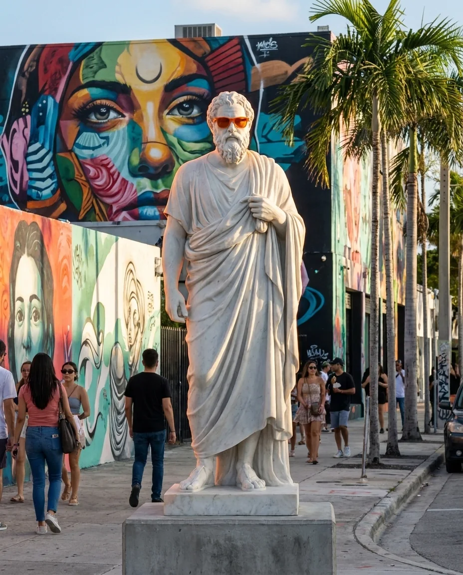 La estatua de mármol de Promeseo con gafas naranjas frente a un mural de Wynwood, Miami, con gente caminando.