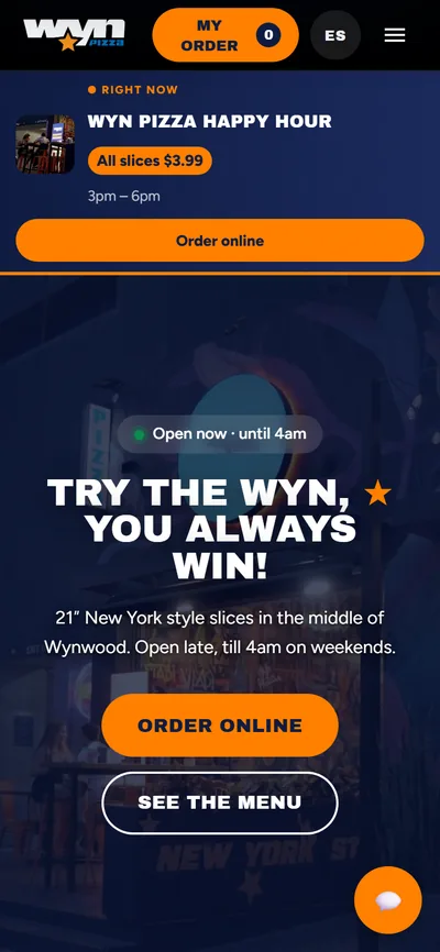 La portada de una pizzería de Wynwood en un teléfono: el aviso de abierto con la hora de cierre, la promoción del momento con su precio y el botón para pedir.