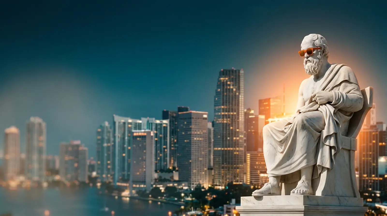 La estatua de mármol de Promeseo con gafas naranjas frente al skyline iluminado de Brickell, Miami, al atardecer.