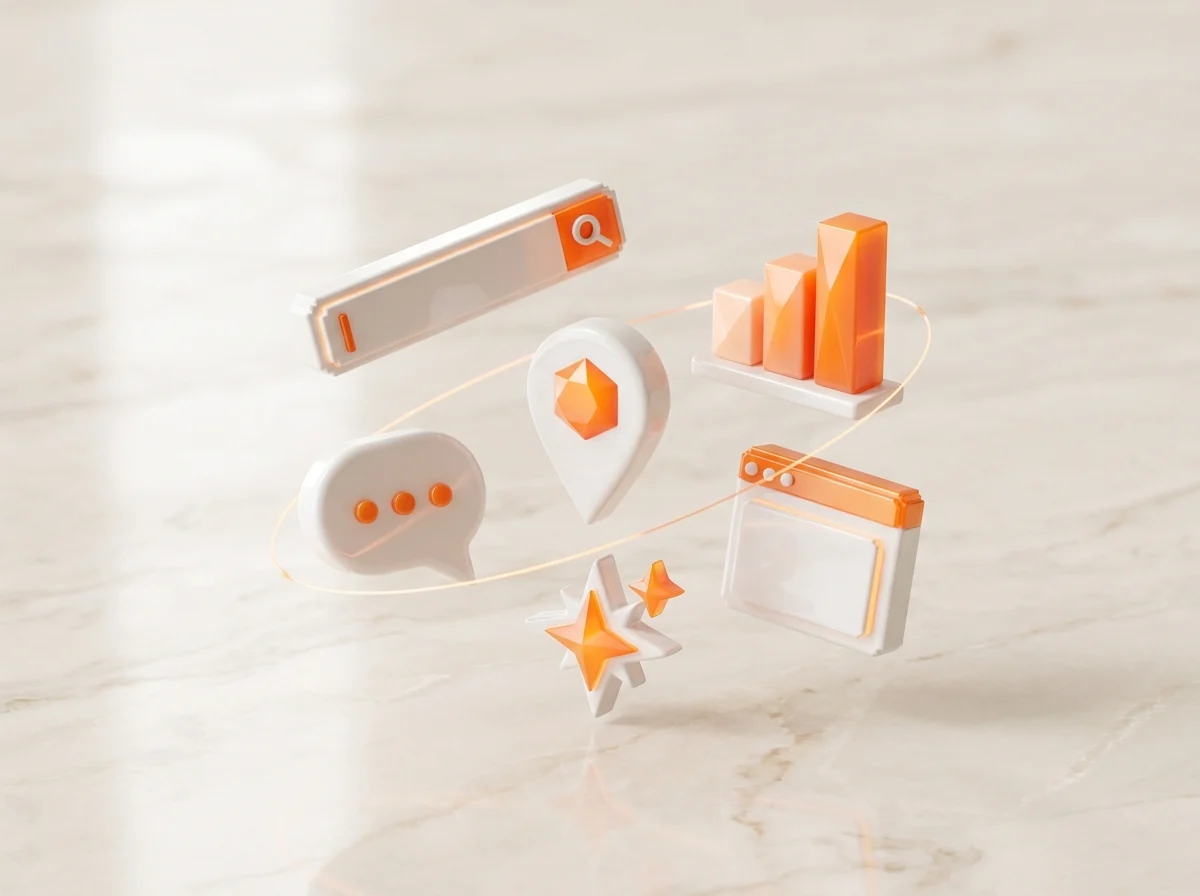 Iconos de tecnología en naranja y blanco flotando sobre mármol claro: las herramientas de inteligencia artificial que Promeseo construye para producir más rápido.