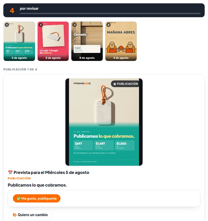 El portal donde el cliente revisa sus publicaciones: cuatro piezas pendientes, la publicación abierta con su fecha, y los botones para aprobarla o pedir un cambio.