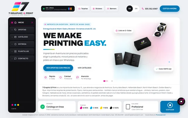 Portada de 7graphicandprint.com en escritorio: «We make printing easy», con los botones de ofertas con precio y del catálogo.