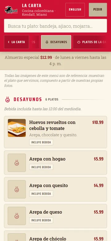 La sección de desayunos de la versión actual de la carta de El Mayoral en un teléfono: cada plato en su ficha, con el precio a la derecha.